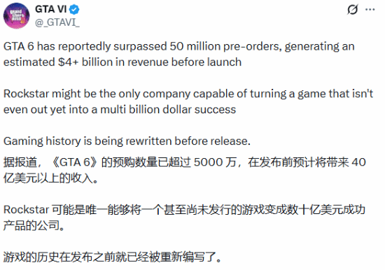 GTA6》预购传闻称预售收入超40亿美元 官方未证实