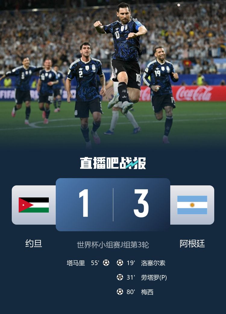 阿根廷3-1击败约旦 三战全胜小组头名晋级 梅西替补任意球破门创纪录  第2张