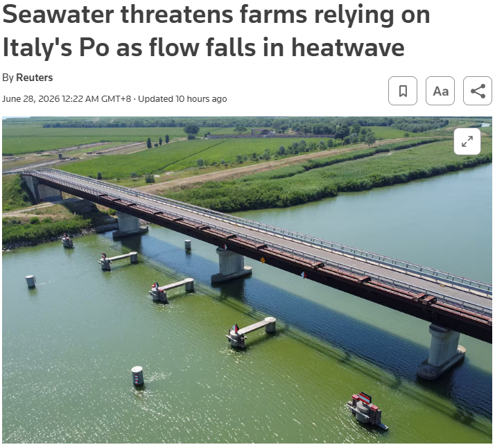 欧洲热浪致意大利波河流量骤降不足300立方米海水倒灌达18公里  第1张