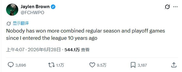 杰伦·布朗社媒回应交易流言：称10年常规赛季后赛总胜场联盟最多  第2张