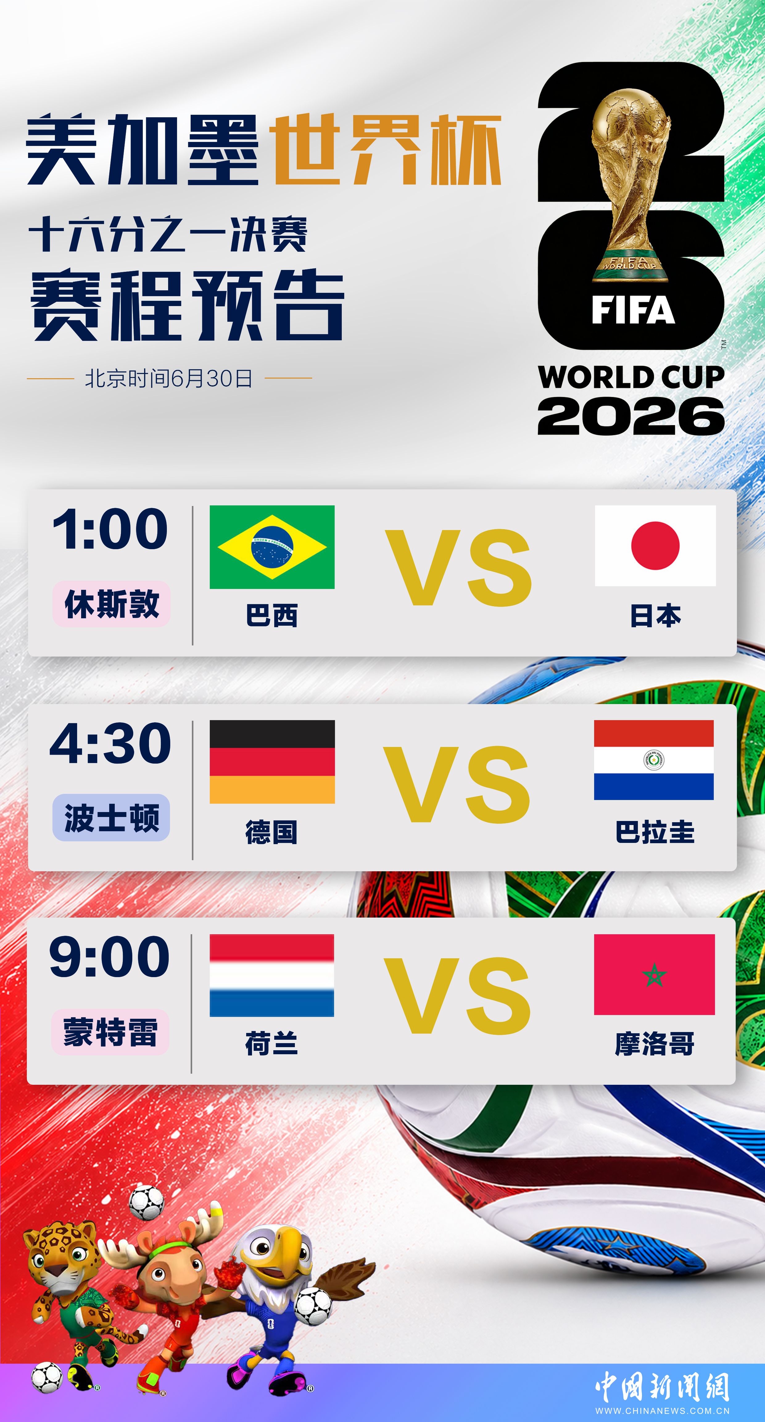 美加墨世界杯6月30日三场淘汰赛开战 巴西对阵日本