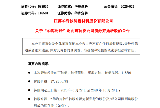 华海诚科定向可转债6月22日起转股 转股价下调32.7%至37.91元  第1张