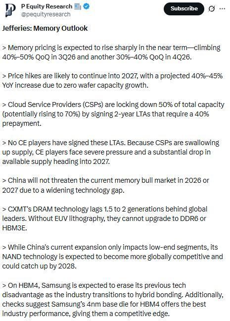 存储行业顾问预计2026年第三季度存储价格环比上涨40%至50