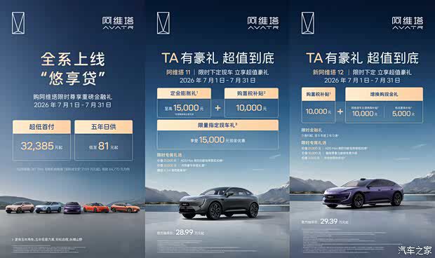 阿维塔7月推出悠享贷购车权益 多车型首付低至32385元起