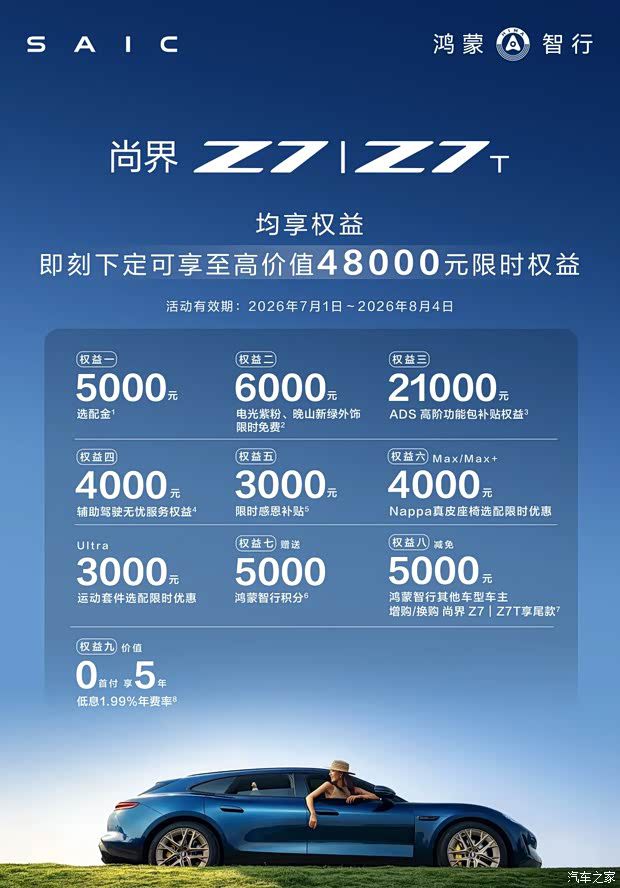 尚界Z7/Z7T推出7月限时购车权益 至高可享4.8万元