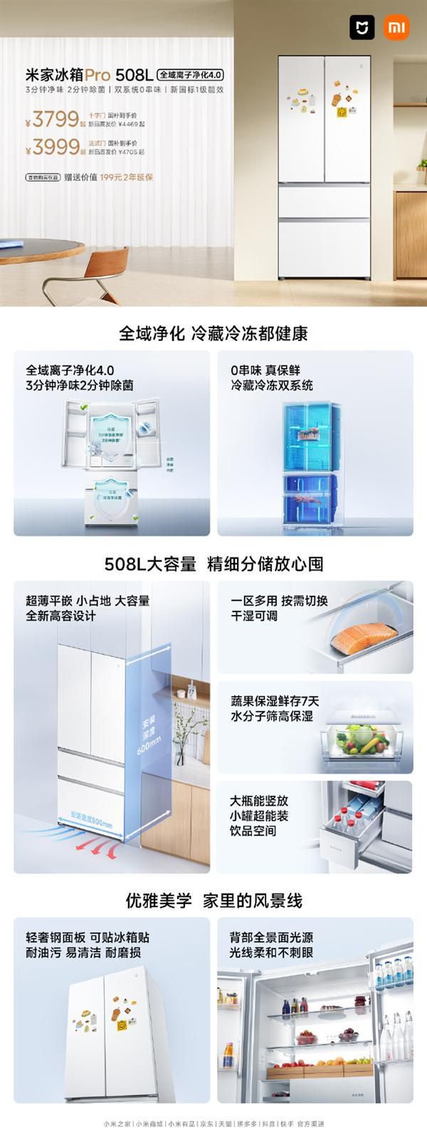 米家新一代508L冰箱上市 十字门与法式门首销价分别为3799元与3999元  第2张