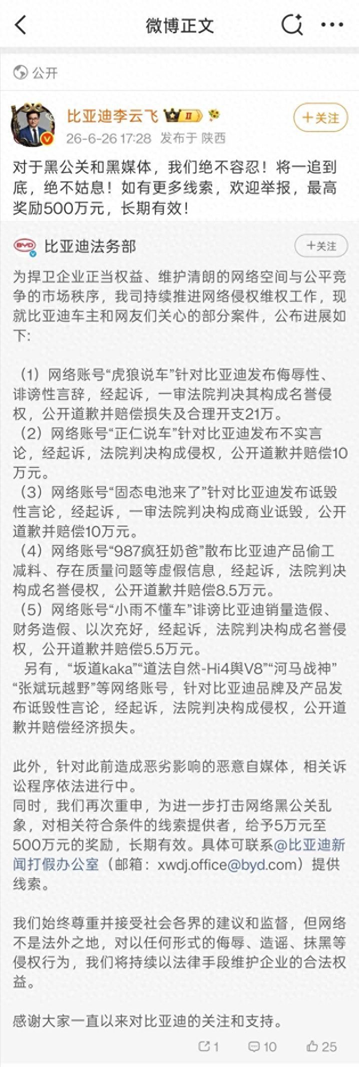 比亚迪法务公告胜诉多起网络名誉权案 最高举报奖励500万元
