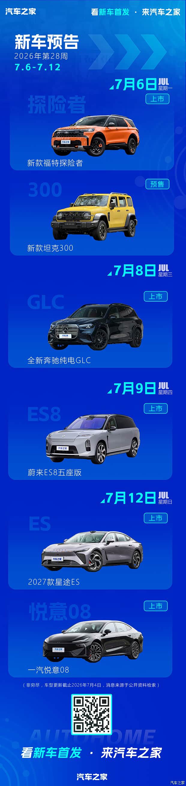 7月6日-7月12日新车预告：多款车型上市/预售