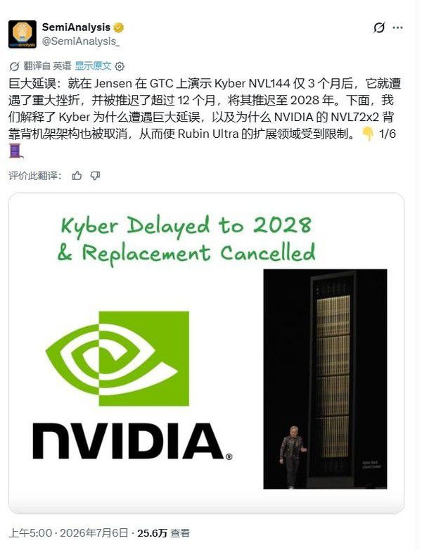 英伟达Kyber NVL144芯片原定2024年交付计划被推迟超12个月 第2张 英伟达Kyber NVL144芯片原定2024年交付计划被推迟超12个月 第2张