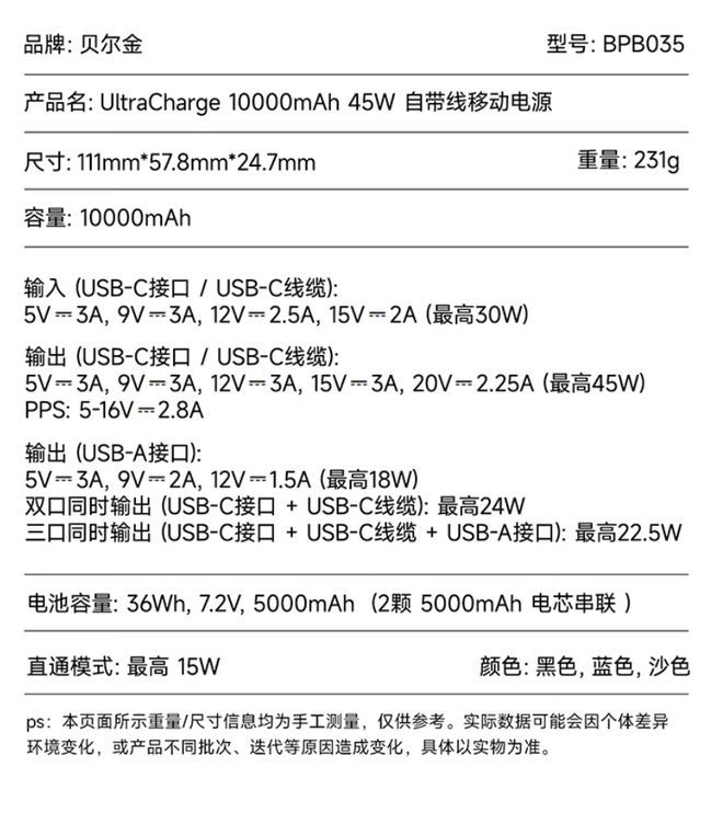 贝尔金京东上架45W自带线移动电源：2C+1A接口、10000mAh容量、定价269元  第5张