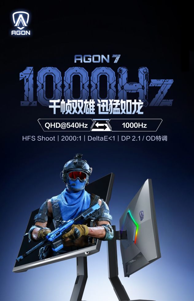 AGON爱攻推出AGP277QK显示器，可一键切换2K@540Hz与HD@1000Hz模式