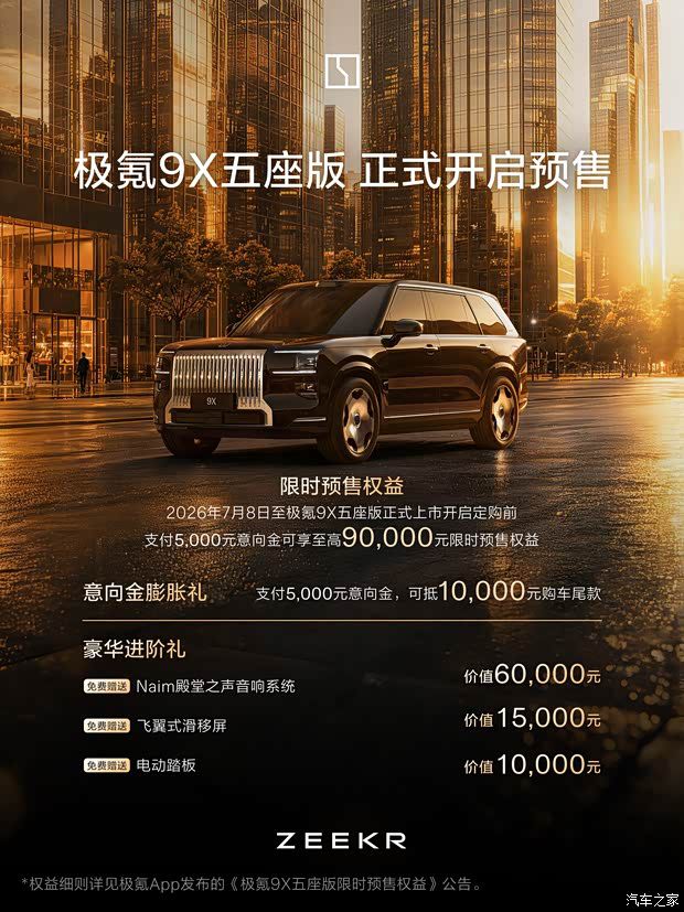 极氪9X五座版7月8日开启预售 支付5000元意向金可享至高9万元权益
